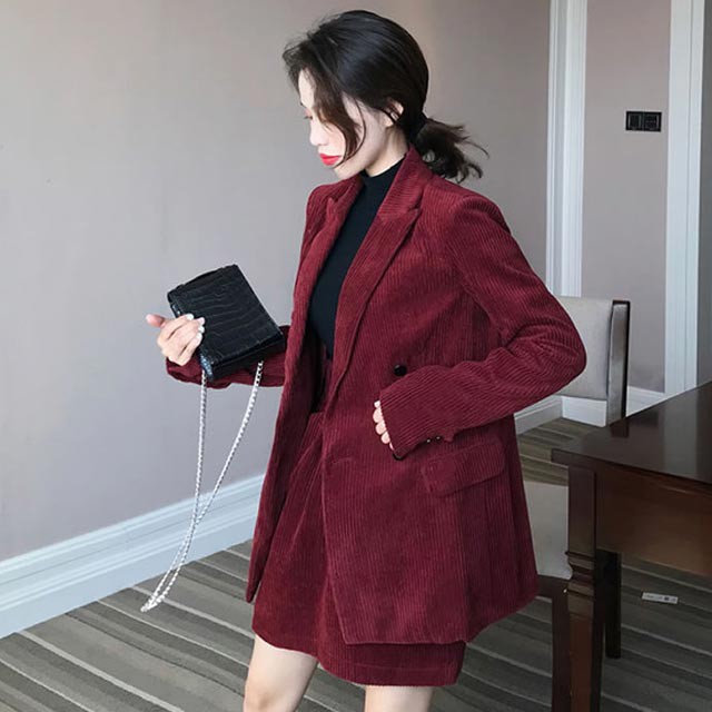 ワン赤 パンツスーツ レディース コーデュロイ スーツ 2点セット